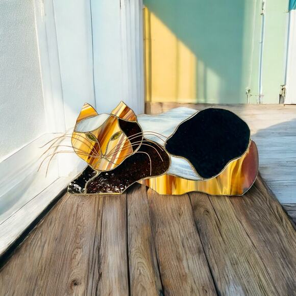 Vintage Stained Glass Cat Suncatcher-Mid Century Modern-Copper Whiskers-16''-MCM - Picture 4 of 5